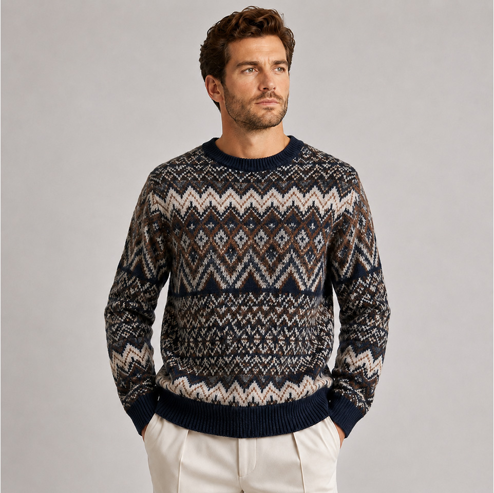 Retro patterned men’s sweater for custom knitwear programs's knitted cardigan for OEM private label production