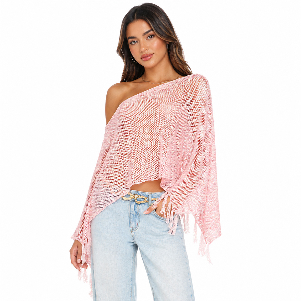 Fringe mesh knit poncho top for women’s sweater OEM production's sweater