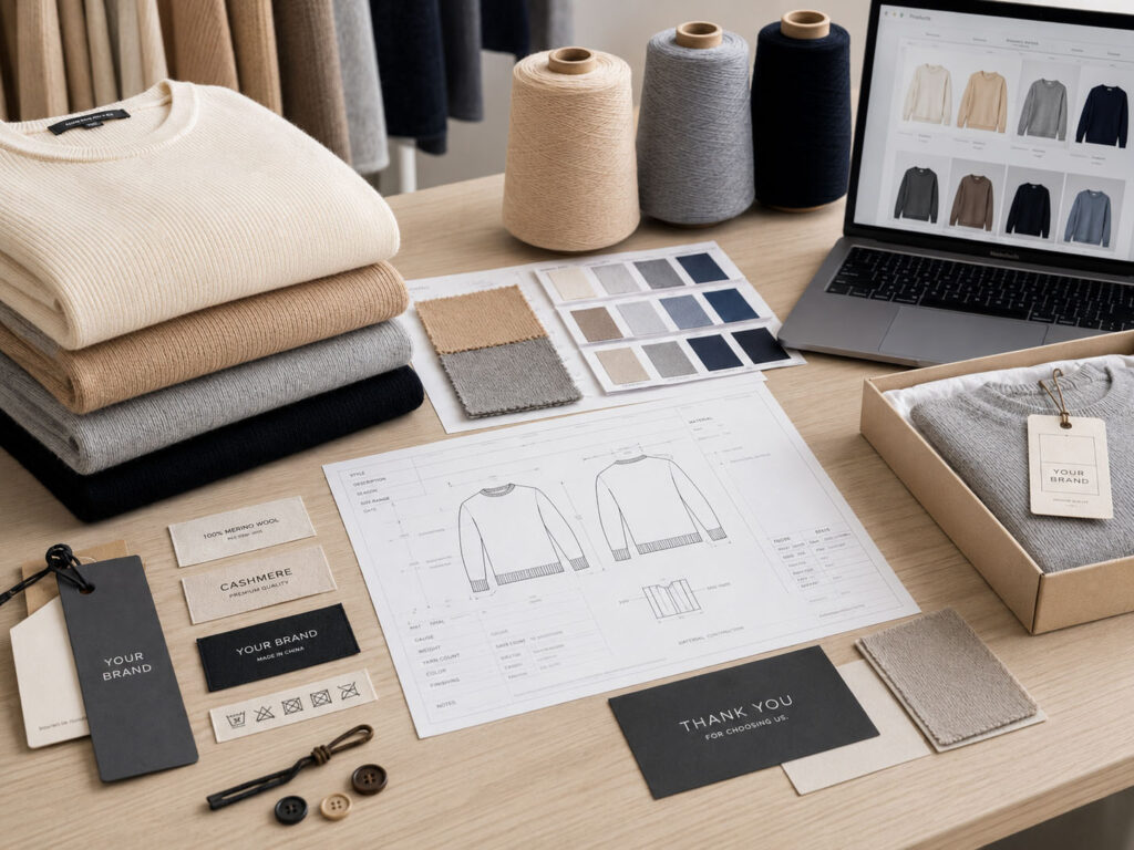 Private label sweater manufacturer preparing custom knitwear production details