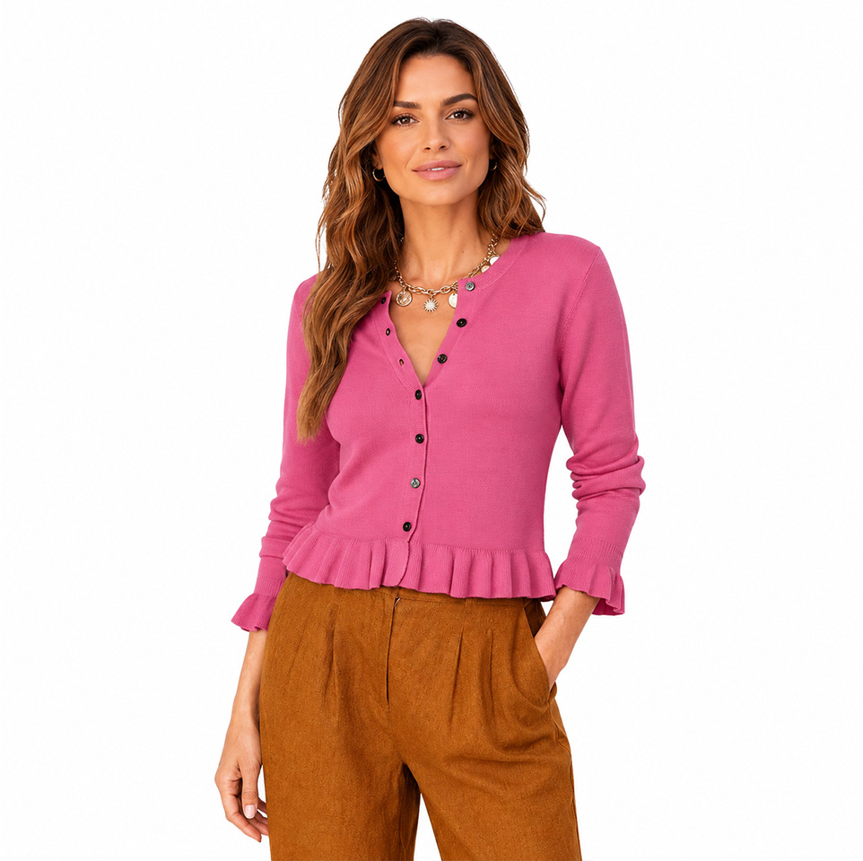 Fall winter ruffled knit cardigan for private label women’s sweaters