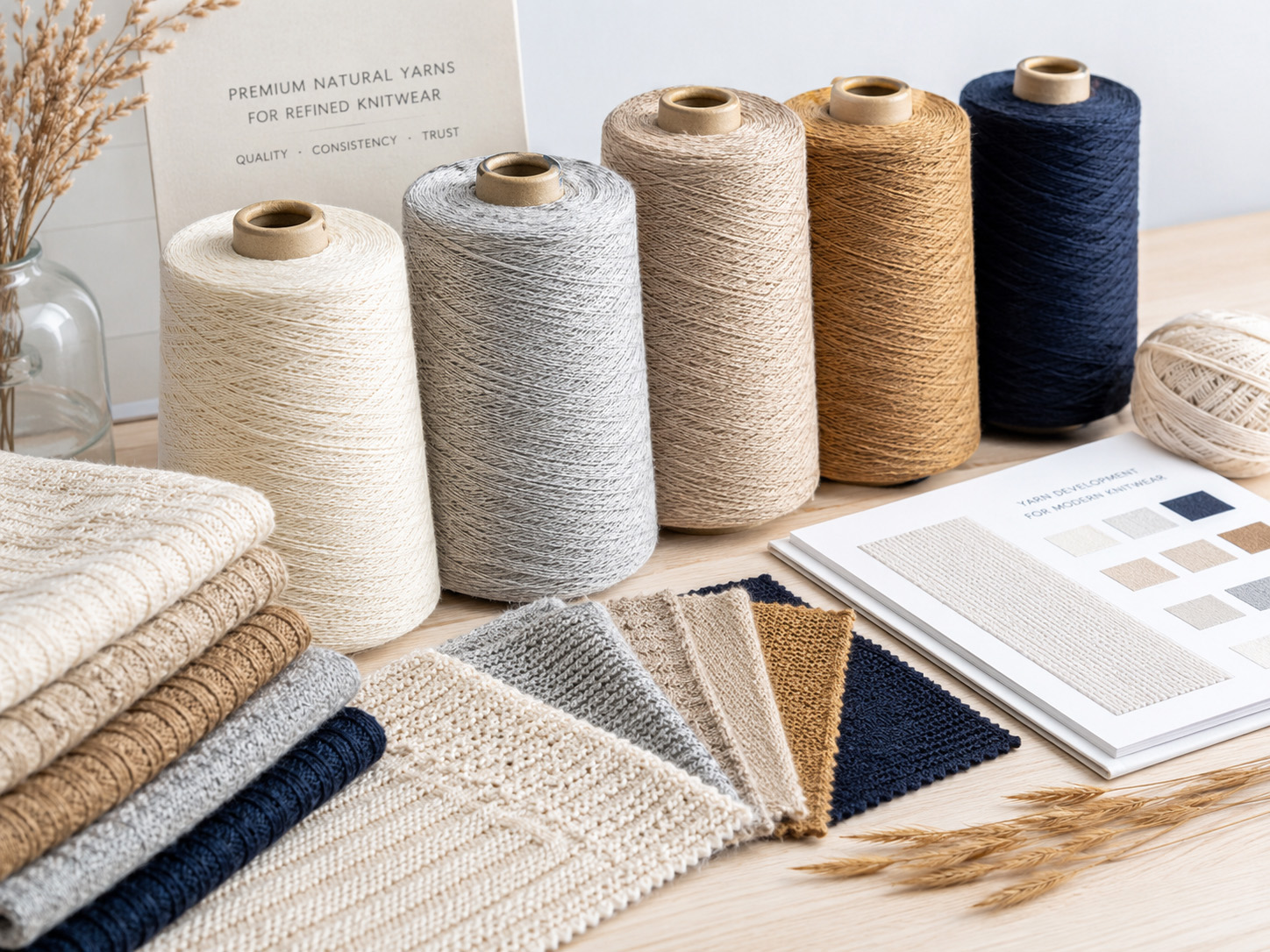Yarn cones and knitted swatches in a material selection concept illustration