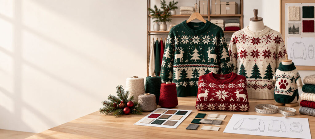 Custom ugly Christmas sweater development with yarn colors, artwork and samples
